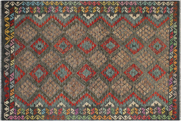 Flat Weave Kilim, Antique, Navaho, Vintage, Handmade, Geometric Kilim Charcoal Green Hand-Woven Rectangle 100% Wool Area Rug 7 x 10